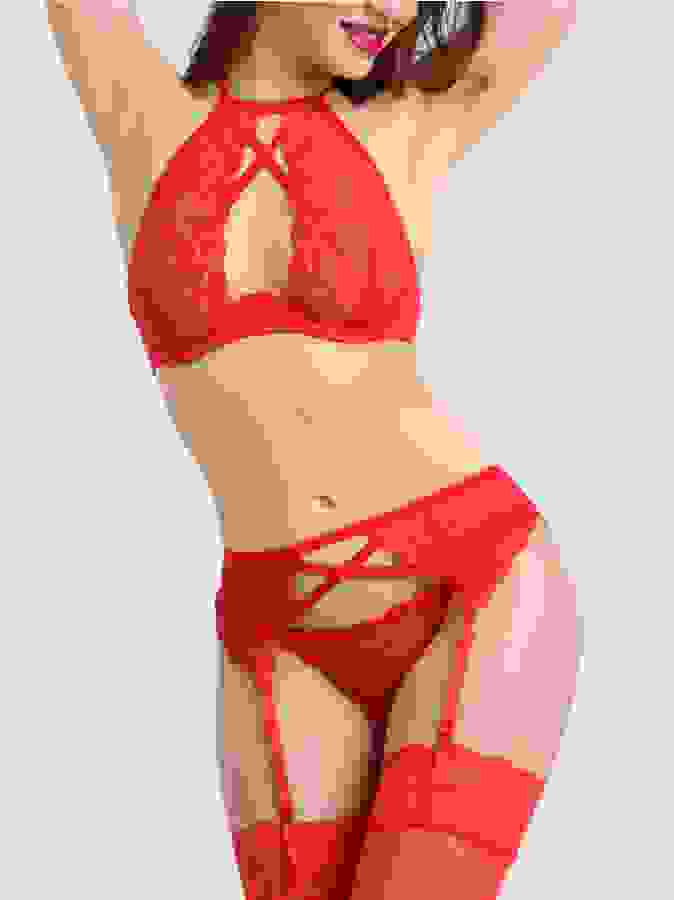 Lovehoney Red Underwired Halterneck Bra and Suspender Set, Red, hi-res